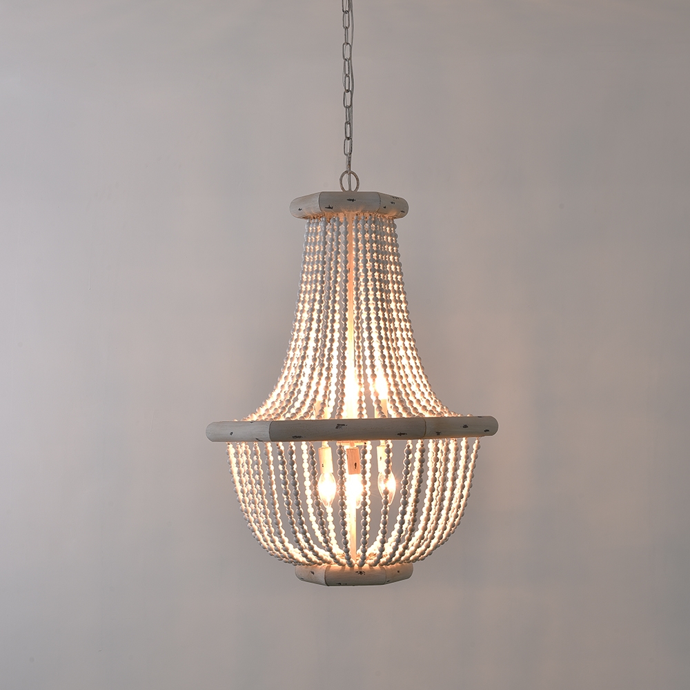 Farmhouse French Country Distressed White Wood Draped Beaded Chandelier Basket 6-Light Ceiling Light window image
