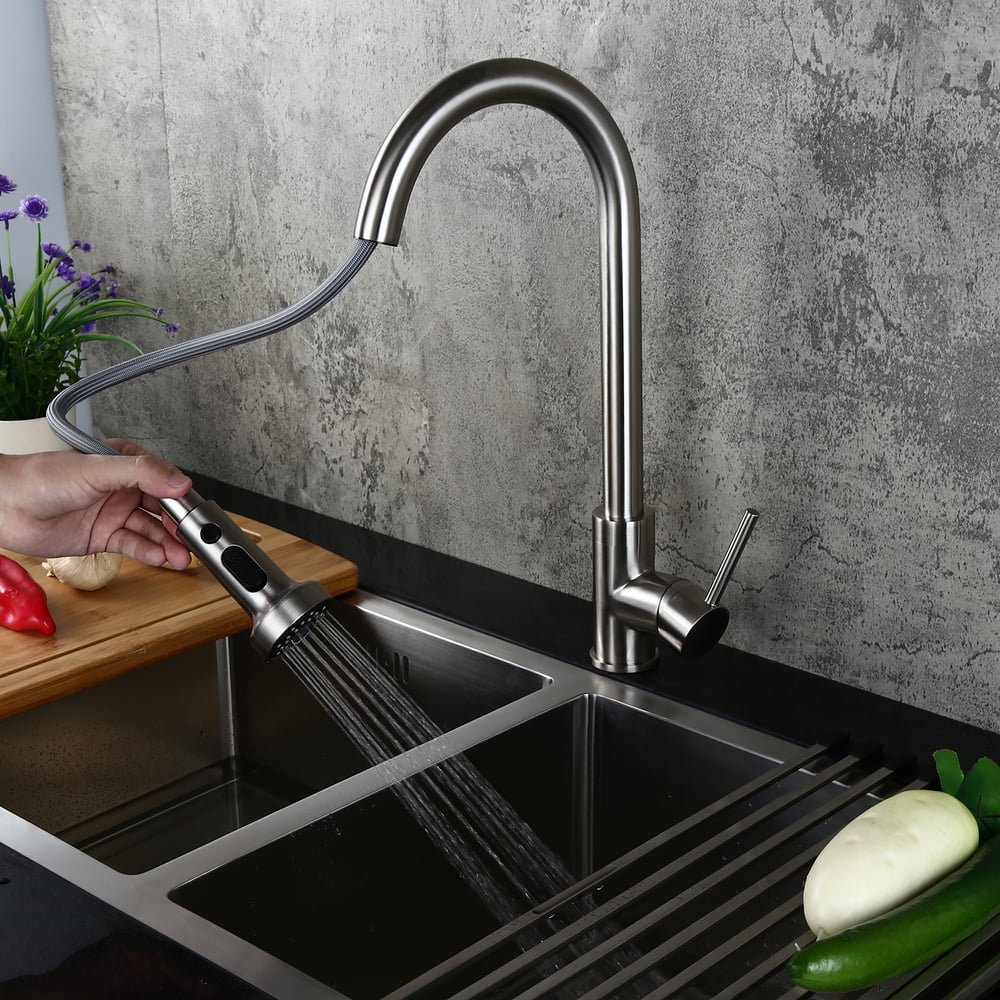 Commercial 3-Function Pull Down Spray Swivel Sprayhead Kitchen Sink Faucet with Deck Plate Brushed Nickel Brass window image