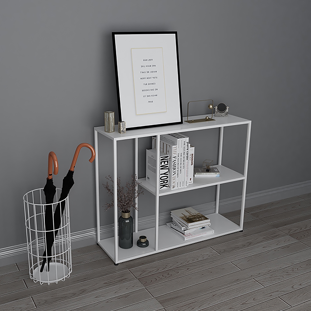 Console rectangulaire rectangulaire avec étagères en métal industriel blanc image de fenêtre