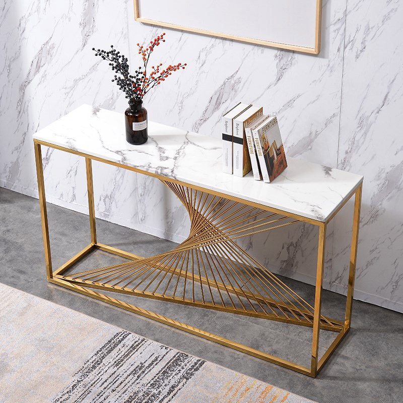 Modern 55" Rectangular Faux Marble Accent Entryway Console Table Stainless Steel Frame in Gold window image