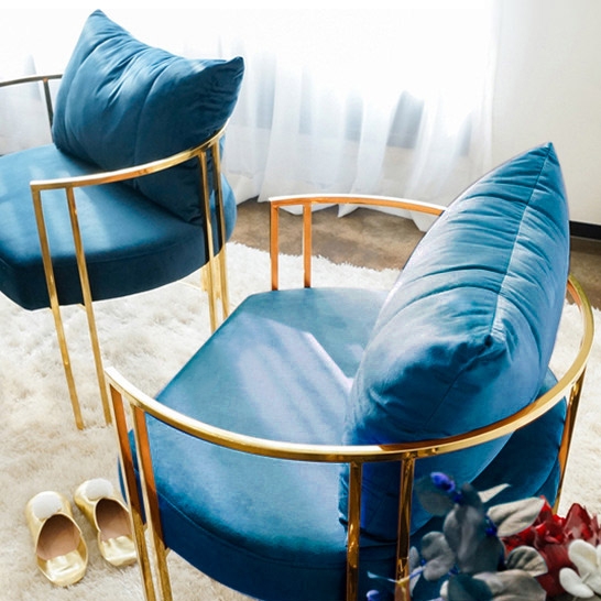 Gold Accent Chair Blue Velvet Barrel Chair with Pillow Back & Cushion Stainless Steel Frame window image