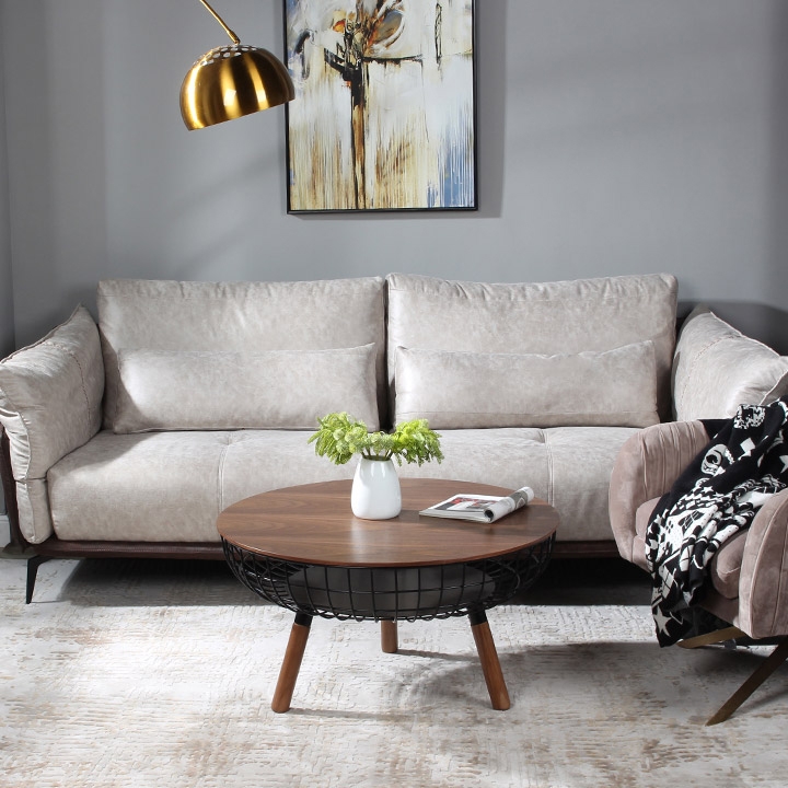 Rustic Round Coffee Table Wood Coffee Table with Basket Storage in Natural&Black window image