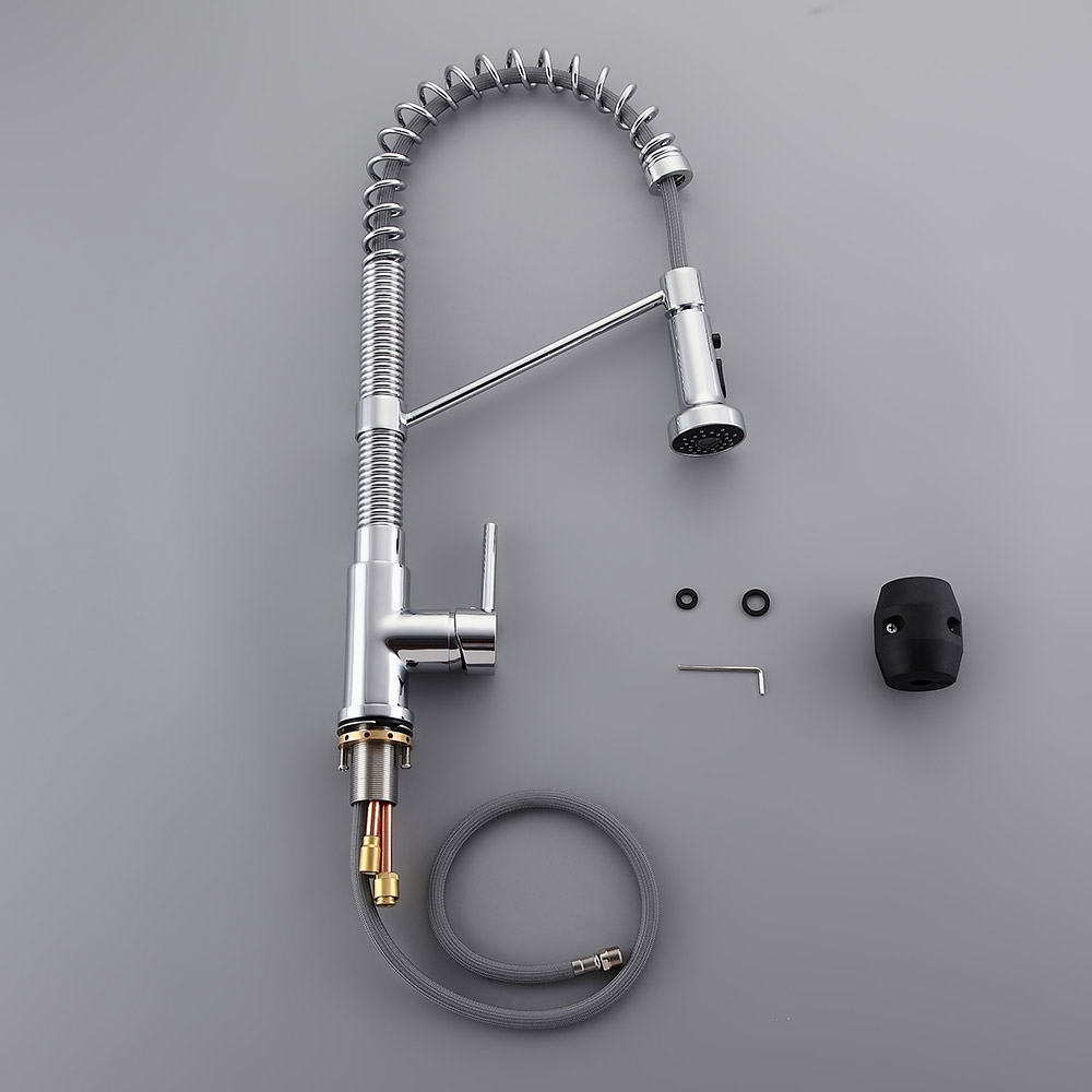 Contemporary Commercial Design Single Handle Dual Function Spring Pull-Out Kitchen Faucet in Chrome window image