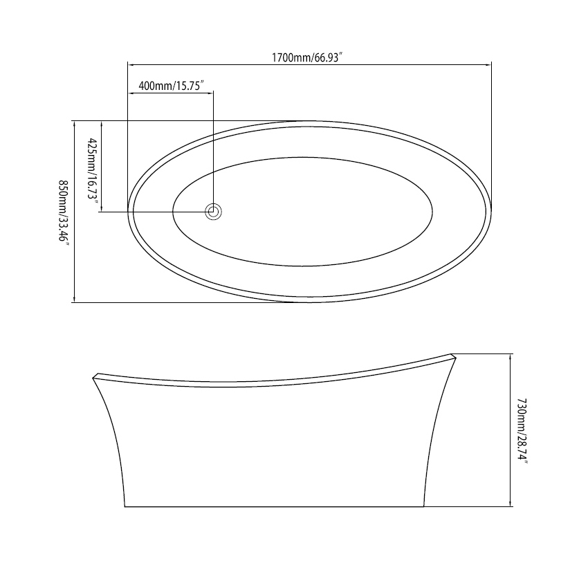 67" White Oval Freestanding Soaking Bathtub High Gloss Acrylic Reversible Drain & Overflow Chrome window image