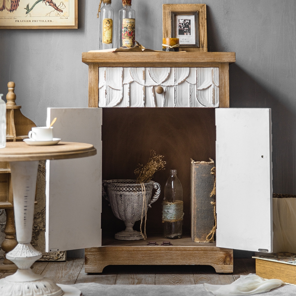 Rustic Distressed White Cabinet Carved Surface with Drawer & Doors window image