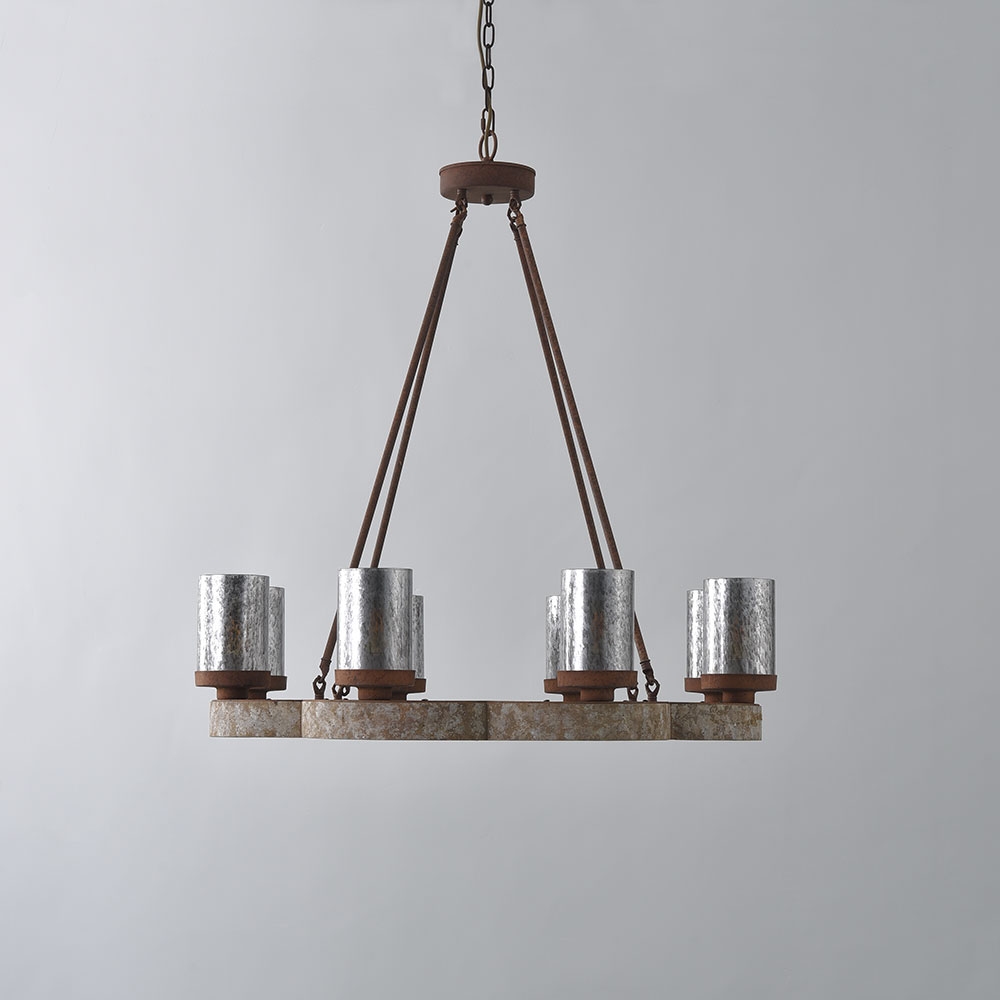 Eolic French Country Antique Mirrored Cylindrical Glass Shade Distressed Wood Frame 8-Light Chandelier Rust Metal window image