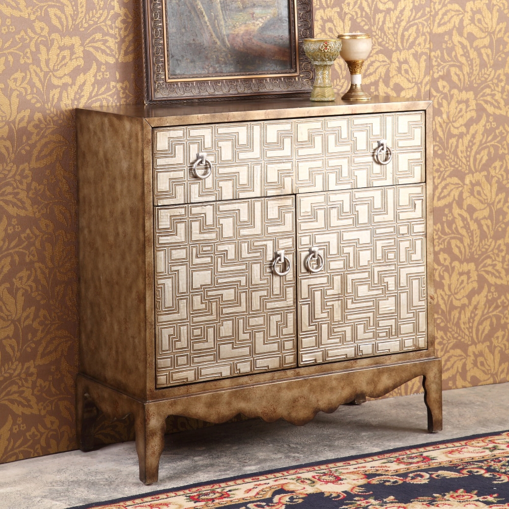36" Vintage Entryway Cabinet Distressed Accent Cabinet Carved Surface with Doors & Drawer & Shelf window image