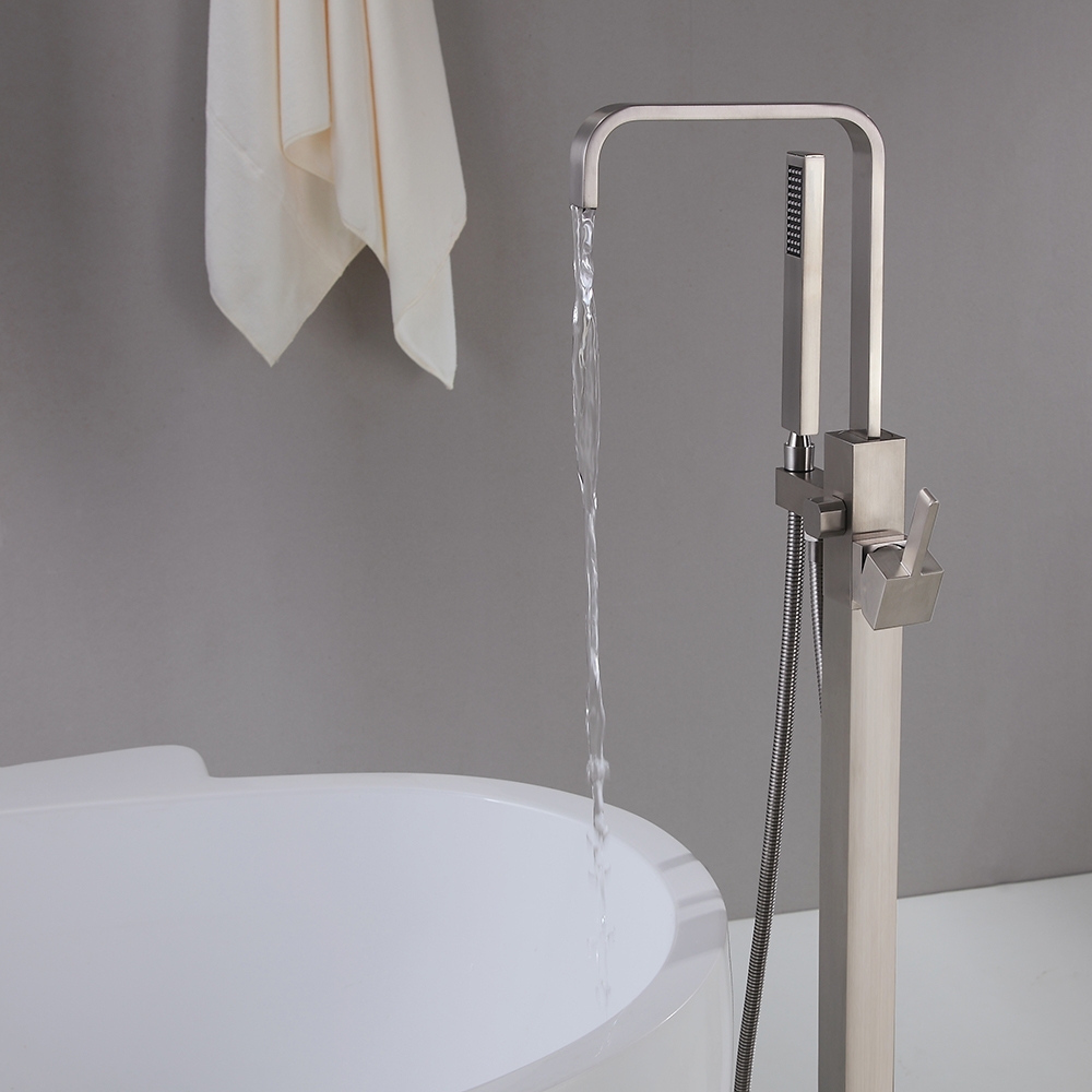 Dree Brushed Nickel Floor Mount Modern Tub Filler Faucet & Hand Shower Single Handle Solid Brass window image