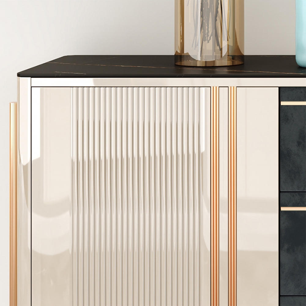 Contemporary White&Black Sideboard Buffet 3 Velvet Upholstery Drawers & 2 Doors and Shelves window image