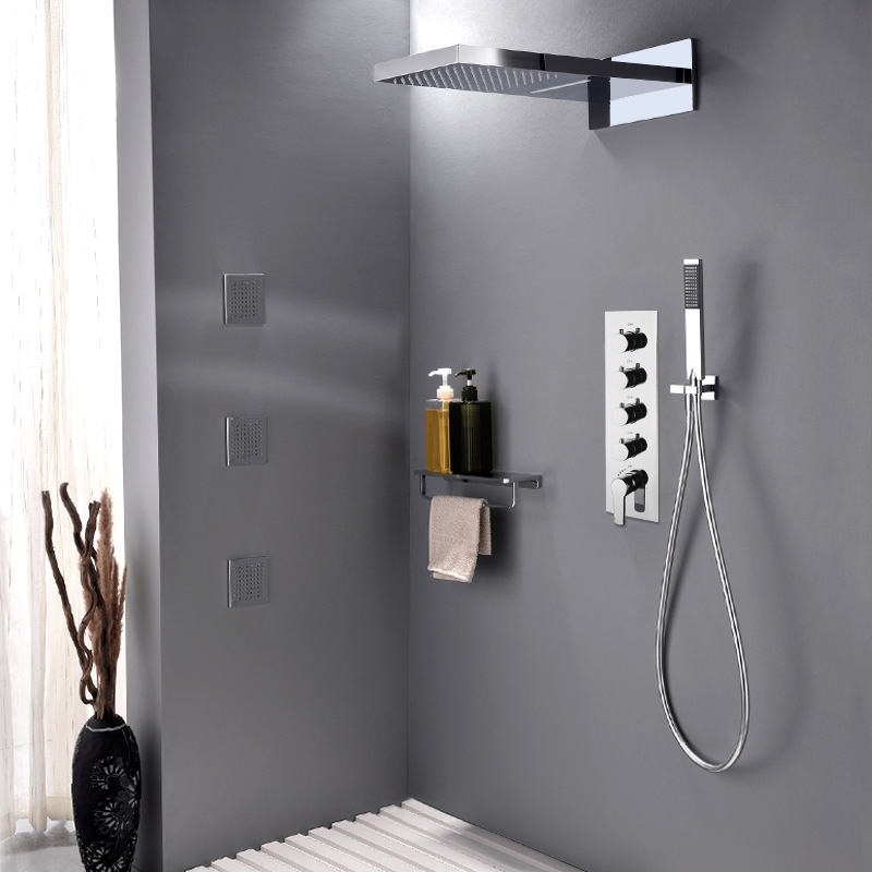 Contemporary Stylish Rain & Waterfall Wall Mount Shower System with Handhled Shower 4-Function Standard Shower Mixer Valve Polished Chrome window image