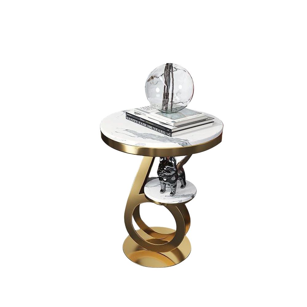 Gold 2-Tiered Round Side Table with Storage Marble Top End Table window image
