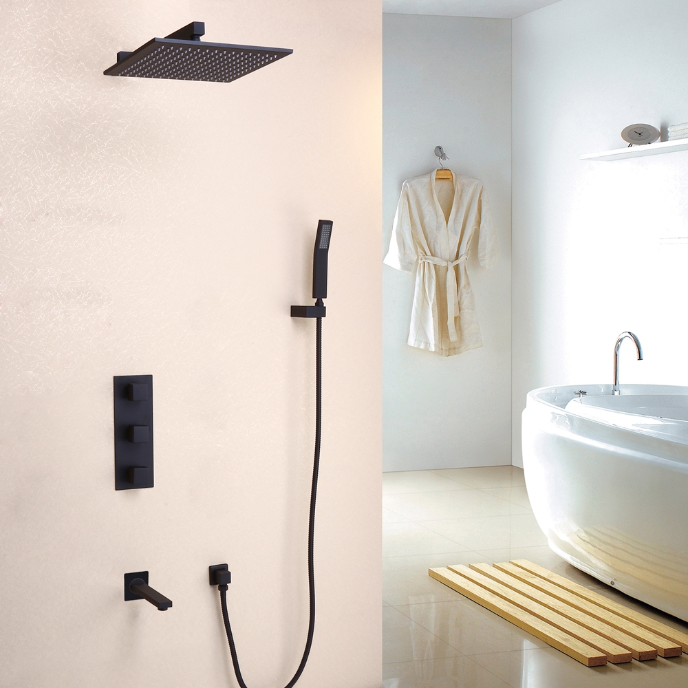 Matte Black Anti-Scald Wall-Mount 12" Rain Shower System with Hand Shower Kit & Bath Filler Solid Brass window image