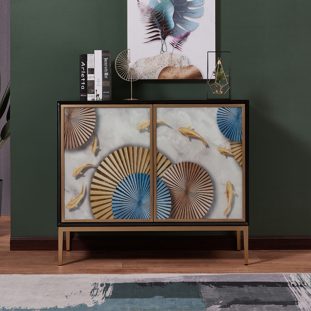 Luxury Sideboard Glass Drawing Panel Buffet with Doors and Shelves Gold Finish in Small window image