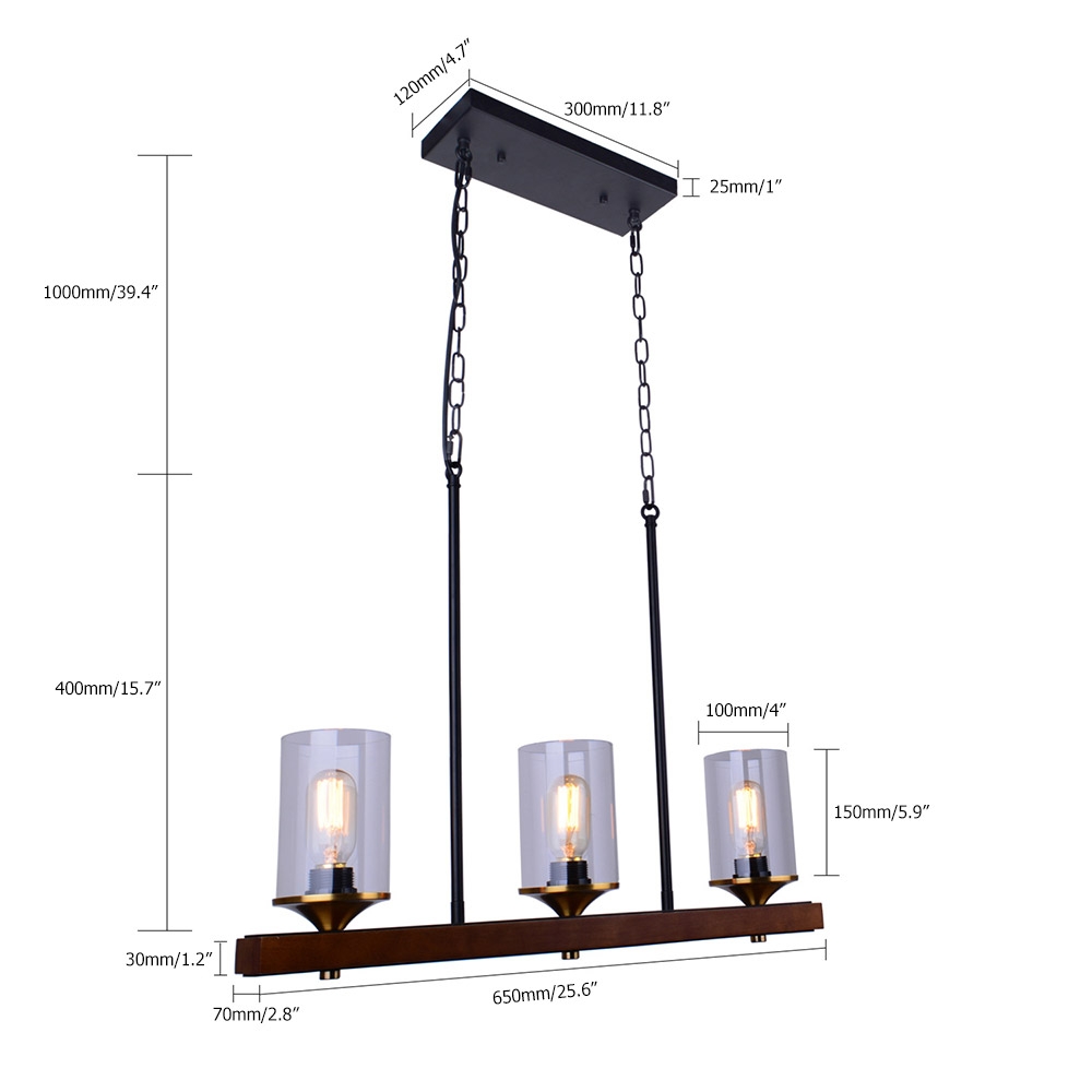 Industrial Loft Wood Beam 3-Light Island Linear Pendant Light with Clear Glass Shade Black Metal window image