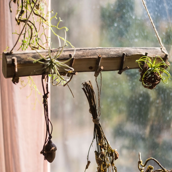 Rustic Style Wall Mounted Decorative Natural Wood Coat Rack with 7 Twig Hooks & Hanging Hemp Rope window image