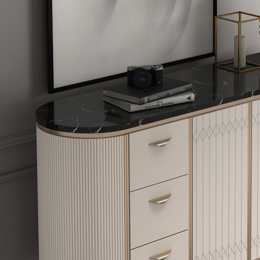 63" White Sideboard Buffet Faux Marble Top Kitchen Cabinet with Doors Adjustable Shelves Drawers window image