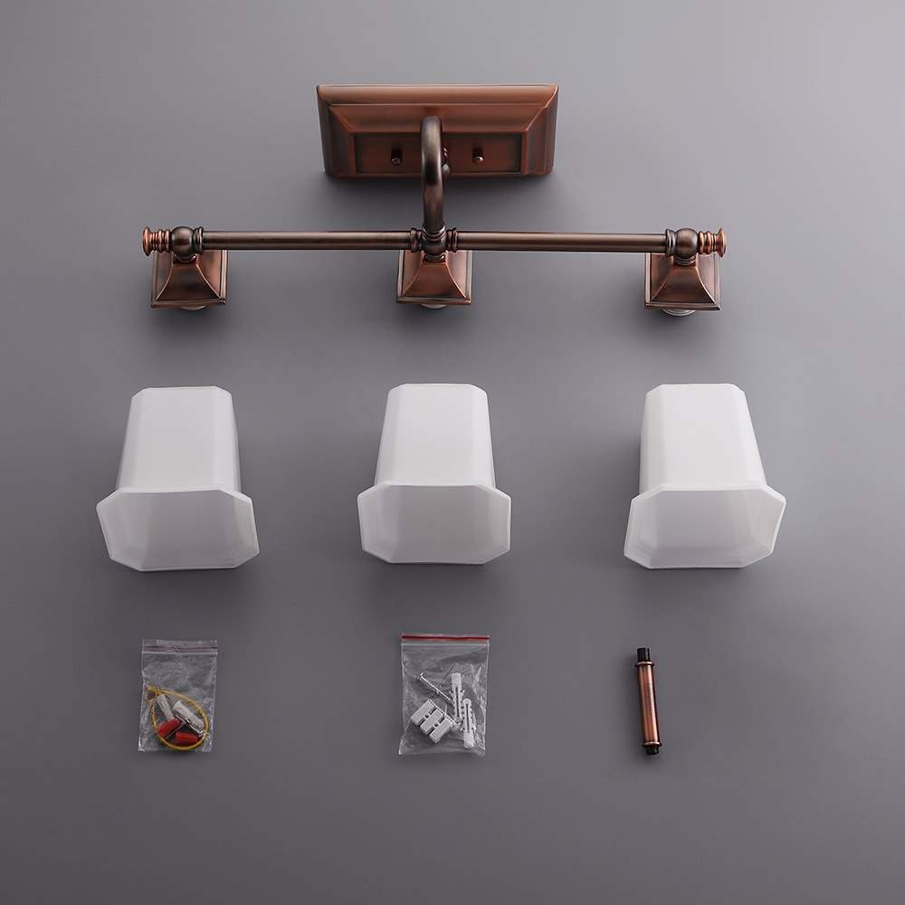 Retro Classic Antique Copper White Glass Square Shade 3-Light Indoor Lighting Bath Vanity Light window image