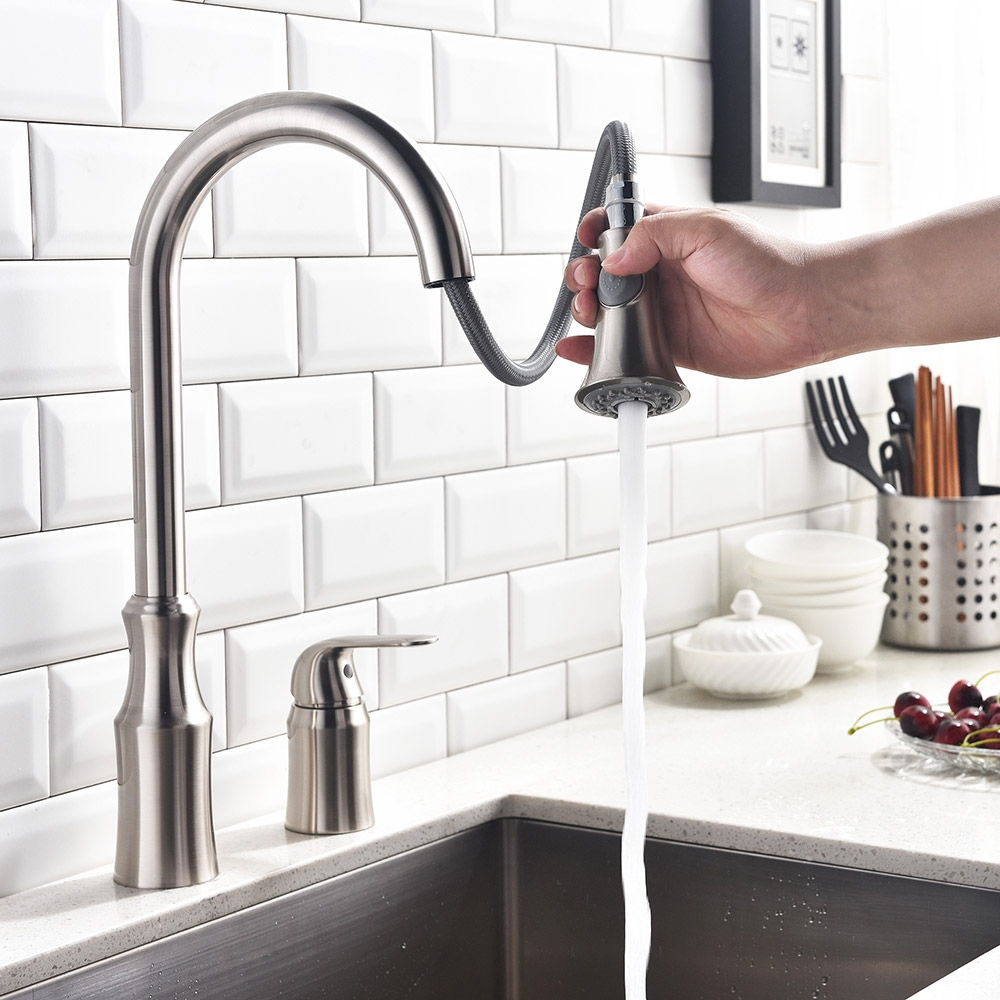 Ethan Robinet de cuisine moderne 2 trous et double pulvérisateur coulissant en nickel brossé image de fenêtre