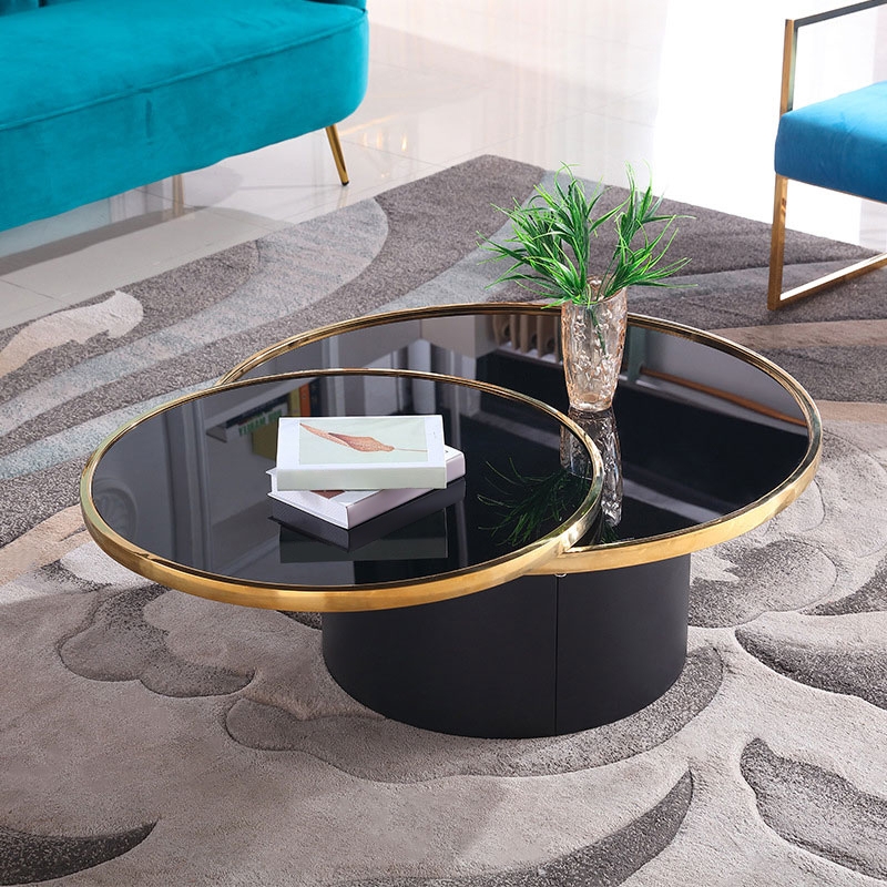 Nordic Black Tempered Glass Round Coffee Table with Stainless Steel Base in Black & Gold window image