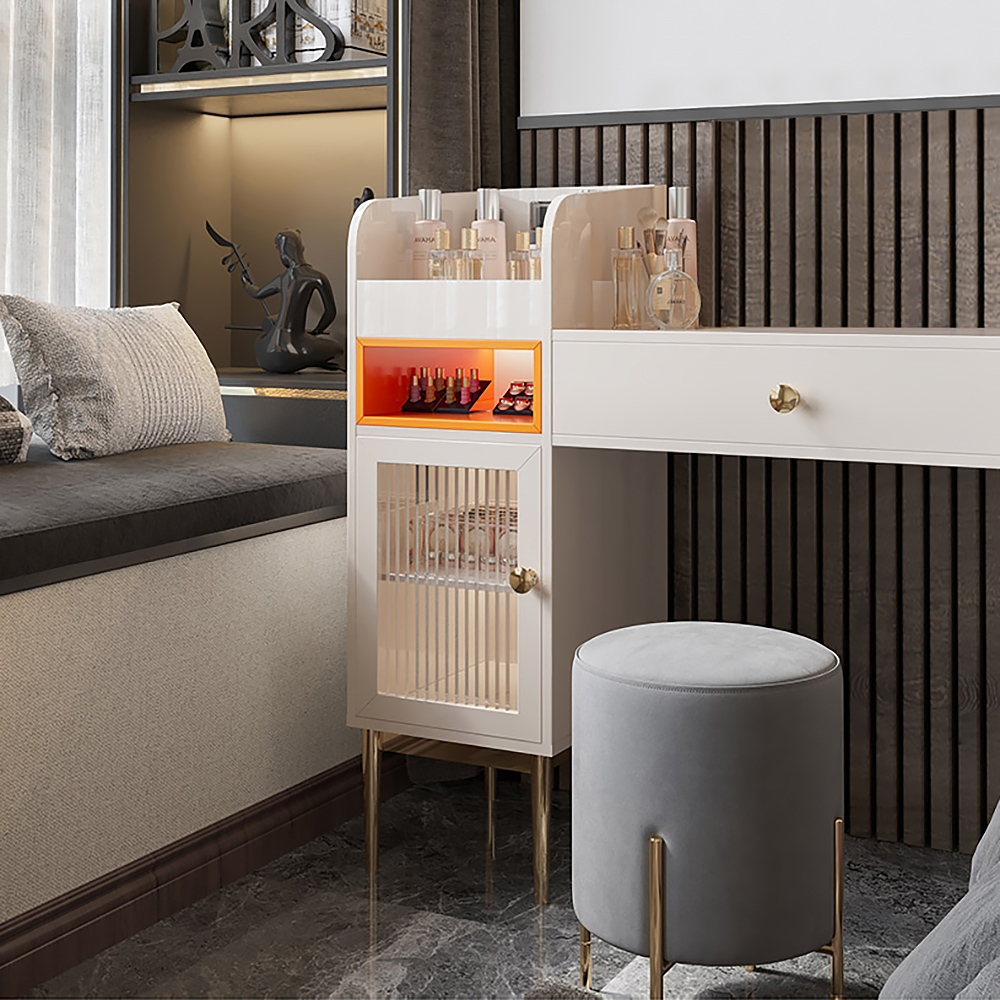 Makeup Vanity with Lights Drawer & Door Side Cabinet Dressing Table Stainless Steel Base window image