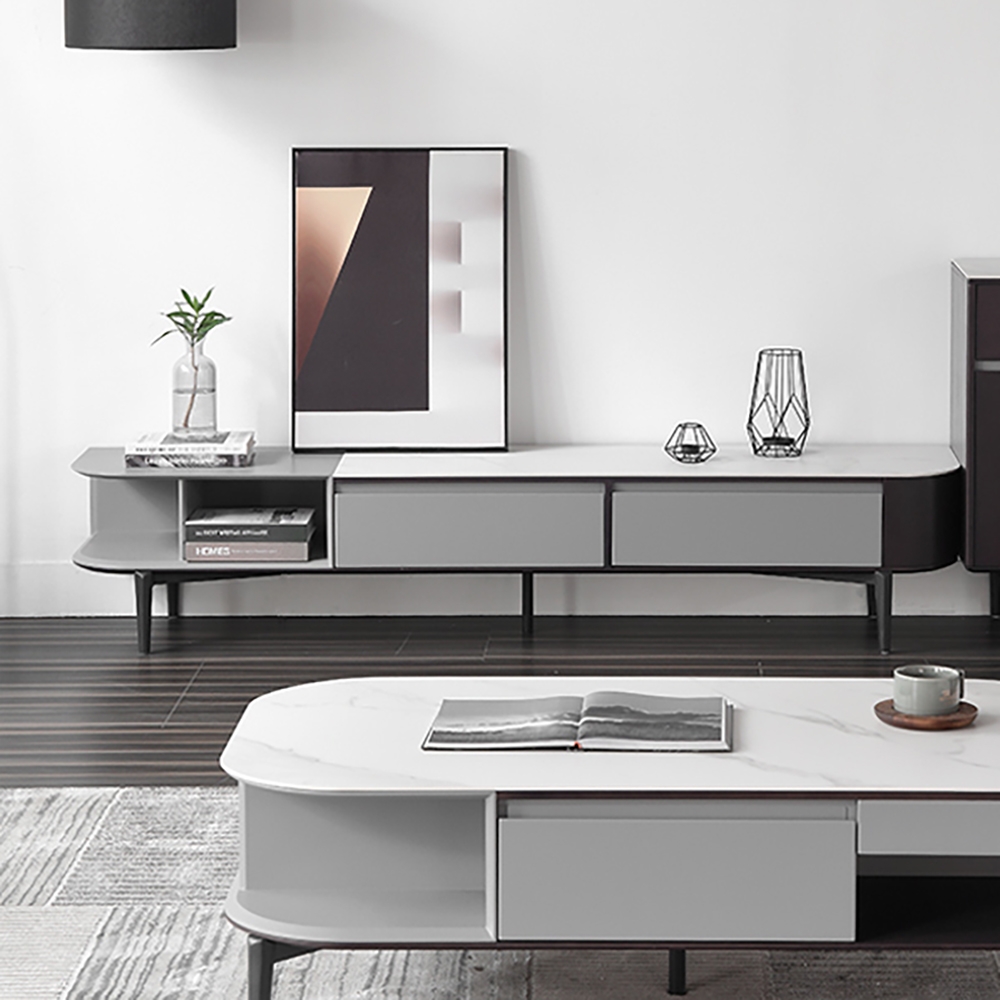 Italian Minimalist Grey TV Stand Stone Top 2-Drawer Entertainment Console for TVs window image