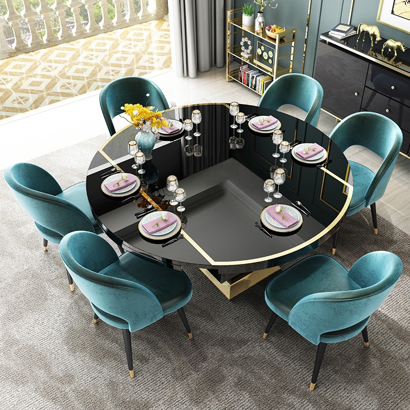 Round Black Extendable Dining Table with Storage Base Wood And Stainless Steel Table Space Saving window image