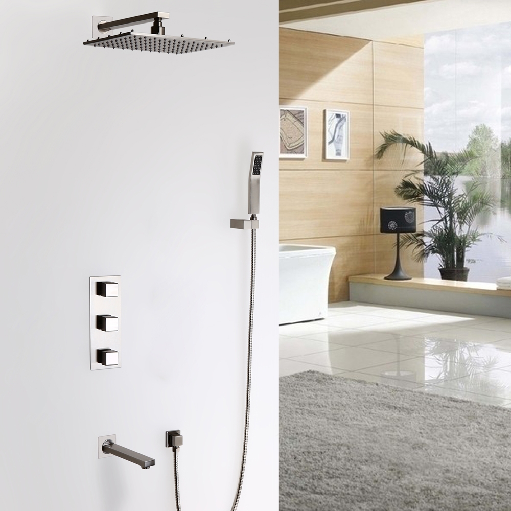 Contemporary 16X32 Inches Brushed Nickel Wall Mounted LED Thermostatic Rainfall Shower System with Hand Shower & Tub Spout window image