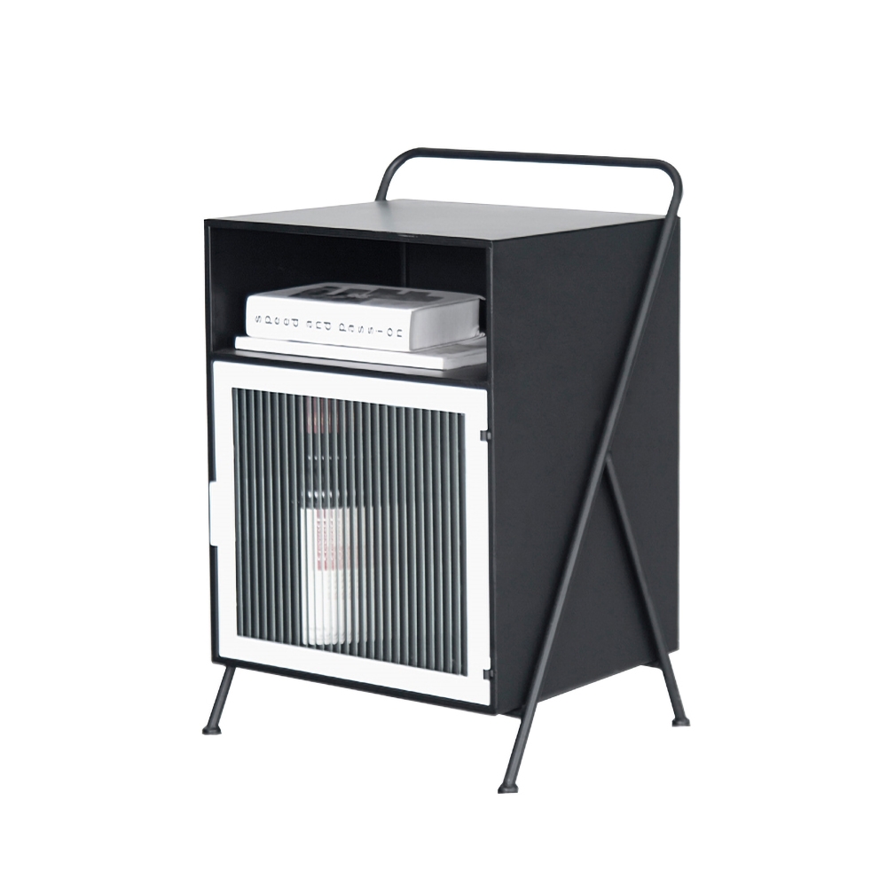 Black Square End Table with Glass Door & Open Storage Metal Bedside Table window image