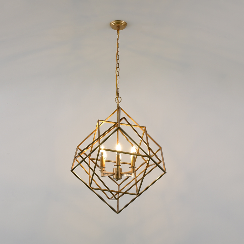 Modern Mid-Century Square Geometric Candle Chandelier 6-Light Antique Gold Ceiling Light window image