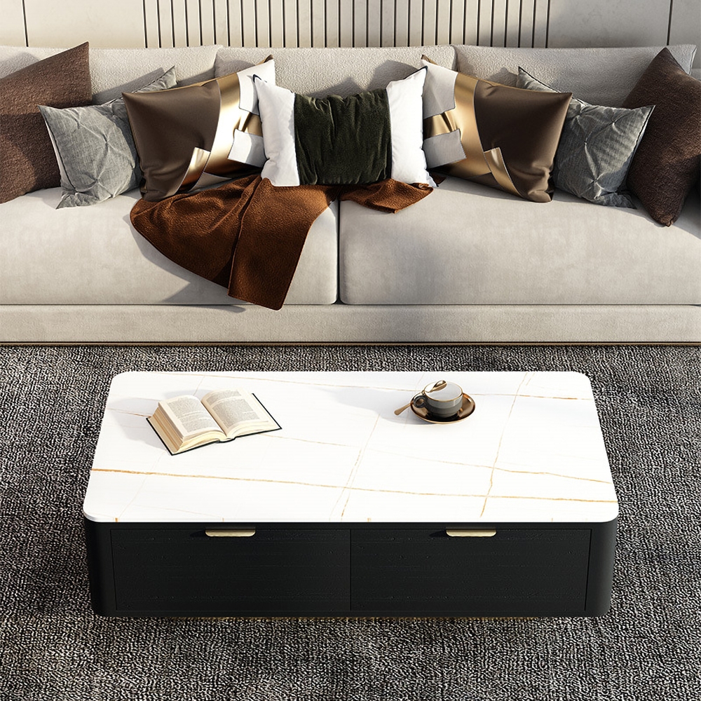 White Rectangular Coffee Table with Storage Sintered Stone 2-Drawer Accent Table window image