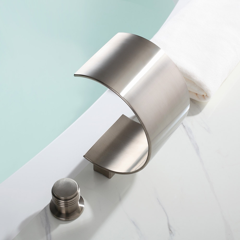 Mooni Contemporary 3-Hole Waterfall Spout Roman Bathtub Filler Tub Faucet in Brushed Nickel Solid Brass window image