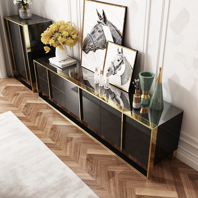 Rimh Zack Black 78" TV Stand Modern Gold Media Console with 6-Drawer & Glass Top window image