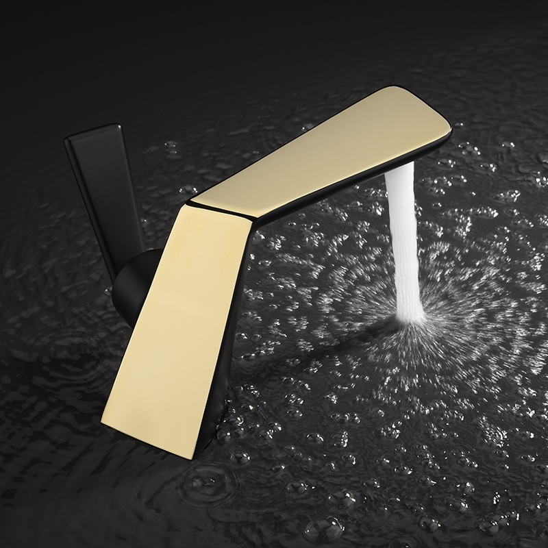 Modern Single Hole Deck Mounted Bathroom Sink Faucet with Flat Handle in Black & Gold window image