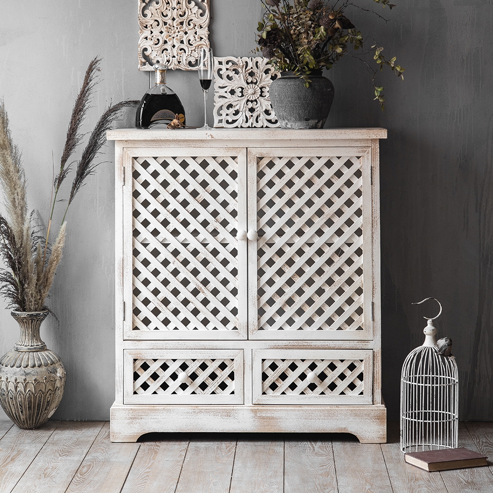Cottage Distressed White Cabinet Hollowed-Out with Drawers & Shelf & Doors window image