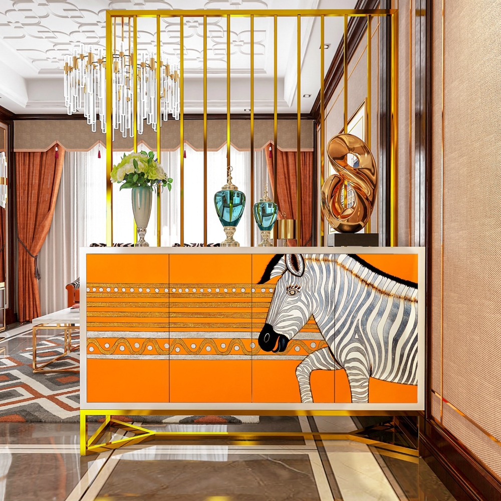 Modern Orange Sideboard Cabinet With Doors Hand-painted Entryway and Kitchen window image