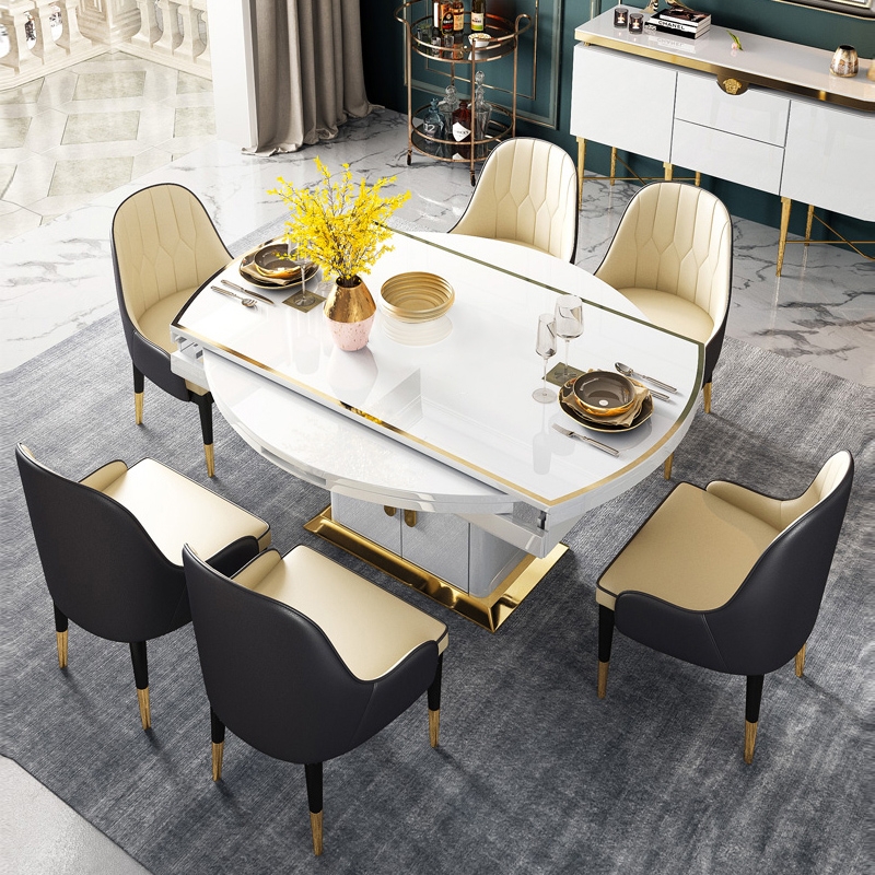 Round White Extendable Dining Table with Storage Base Wood And Stainless Steel Table Space Saving window image