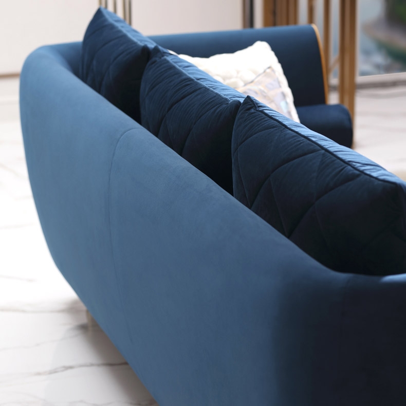 Modern Blue Velvet Upholstered Sofa 3-Seater Sofa Luxury Sofa with Pillows Solid Wood Frame Gold Legs window image