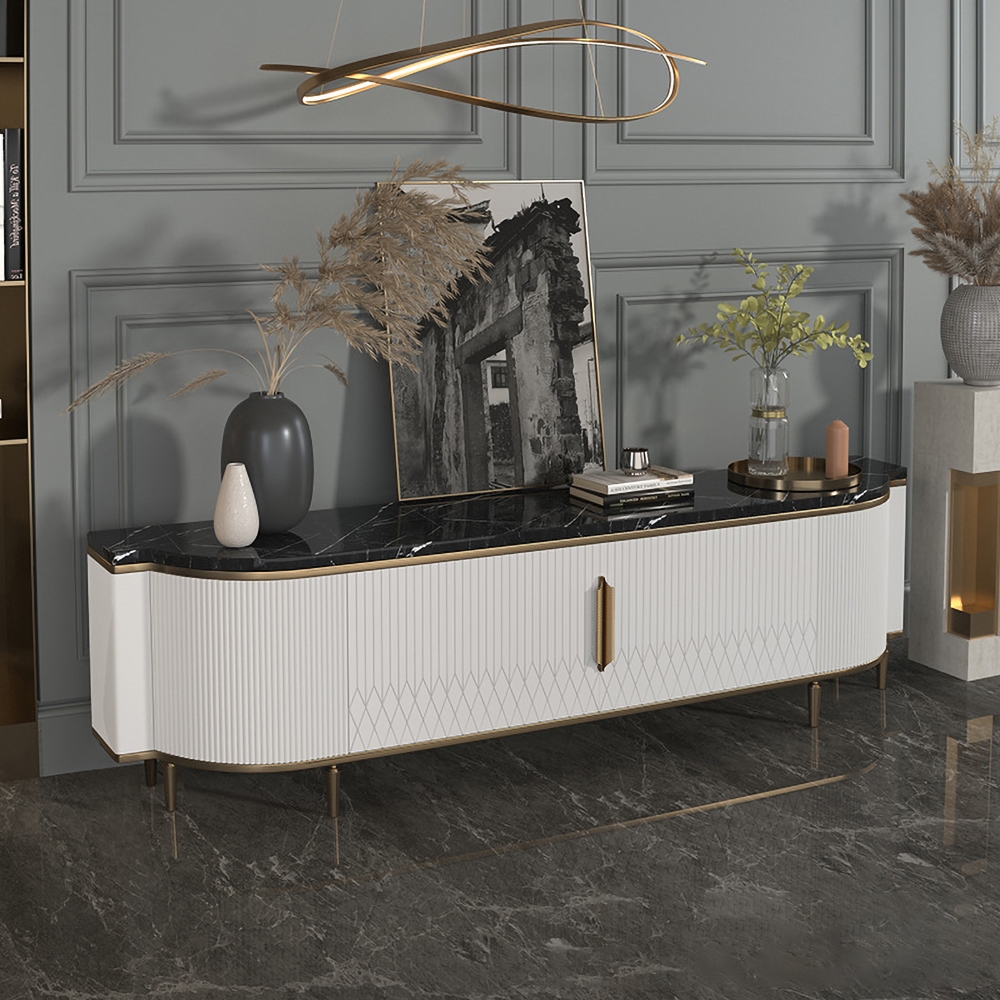 Modern TV Stand Black Faux Marble Top 2 Doors Console Media for TVs up to 85" window image