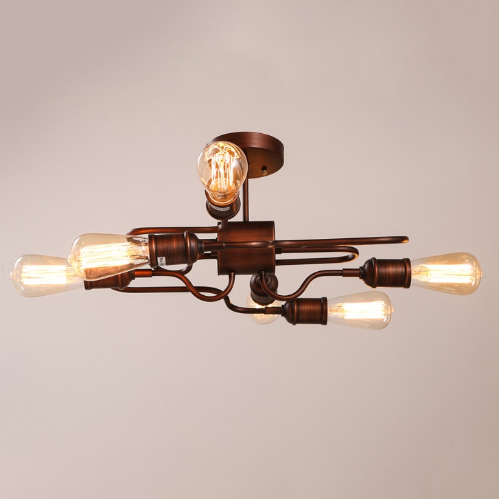 Retro Rust Metal Bent Tube Semi Flush Mount with Six Exposed Bulbs window image