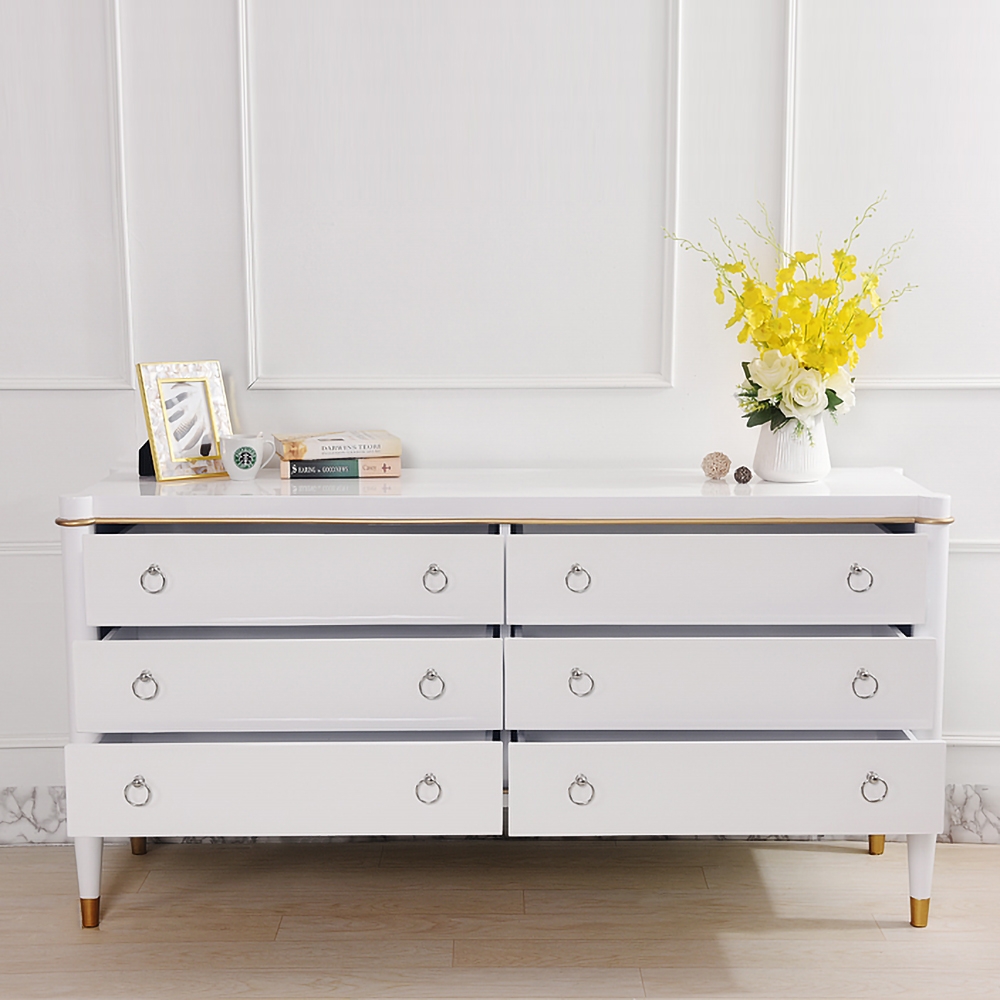 1500mm White Cabinet Glossy Bedroom Dresser with 6 Drawers in Gold window image