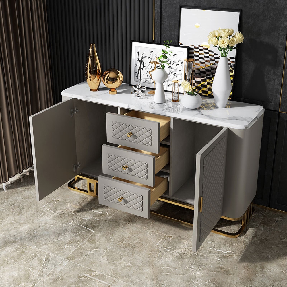 Contemporary Sideboard Buffet Faux Marble Top Kitchen Sideboard Faux Leather Upholstery window image