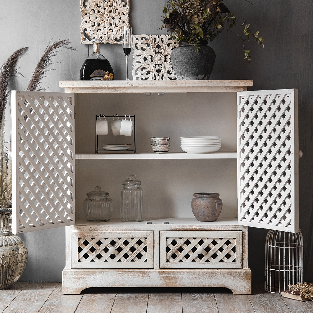 Cottage Distressed White Cabinet Hollowed-Out with Drawers & Shelf & Doors window image