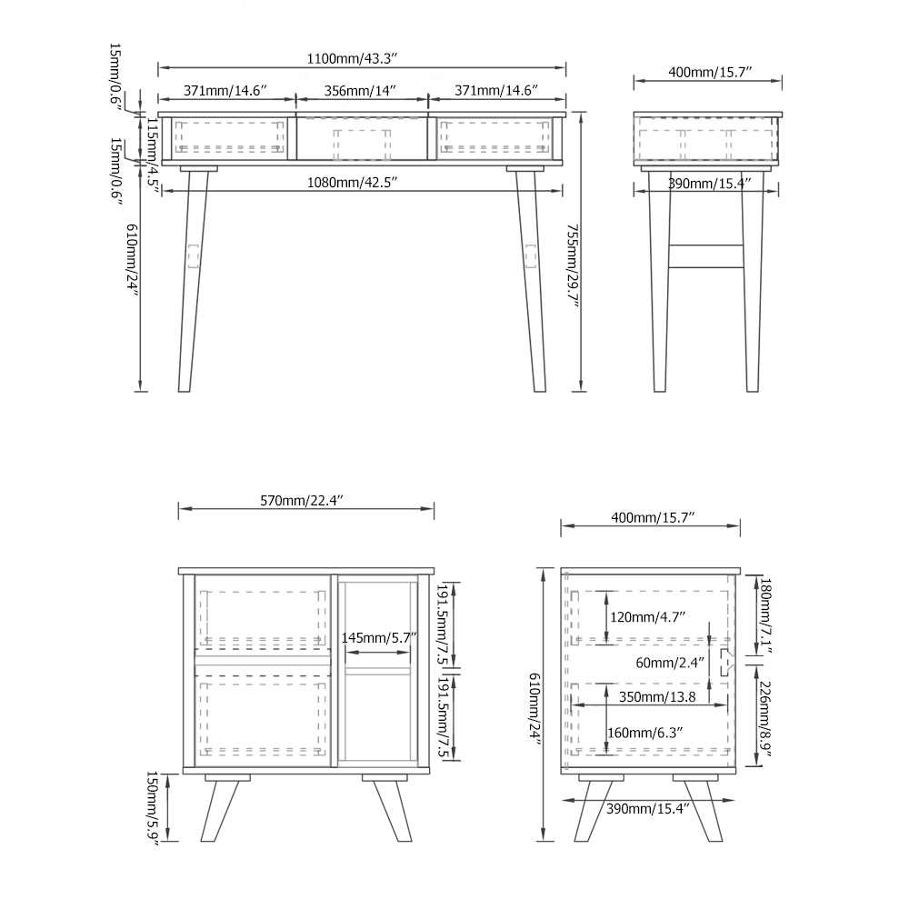 Moderne Scandinavische grote make-up kaptafel en zijopbergmeubel met spiegelspiegel en opbergkast in cementgrijs Vensterafbeelding