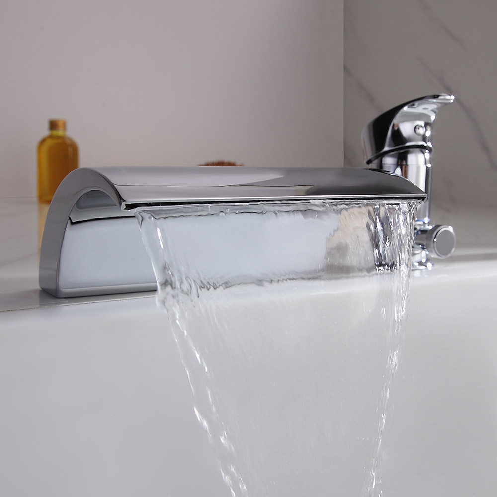 Victoria Deck Mount Single Handle Waterfall Roman Tub Faucet with Handheld Shower in Polished Chrome window image