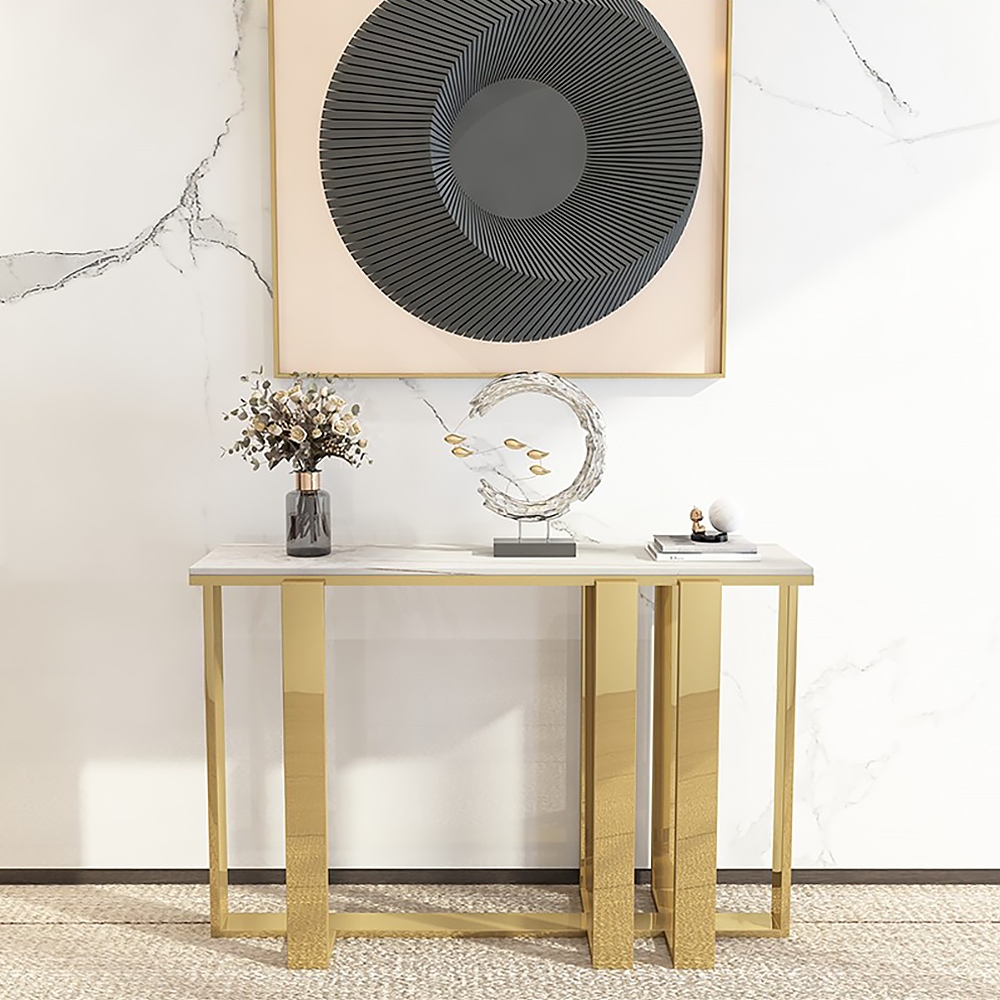 Modern White Sintered Stone Narrow Console Table Rectangle Gold Finish window image