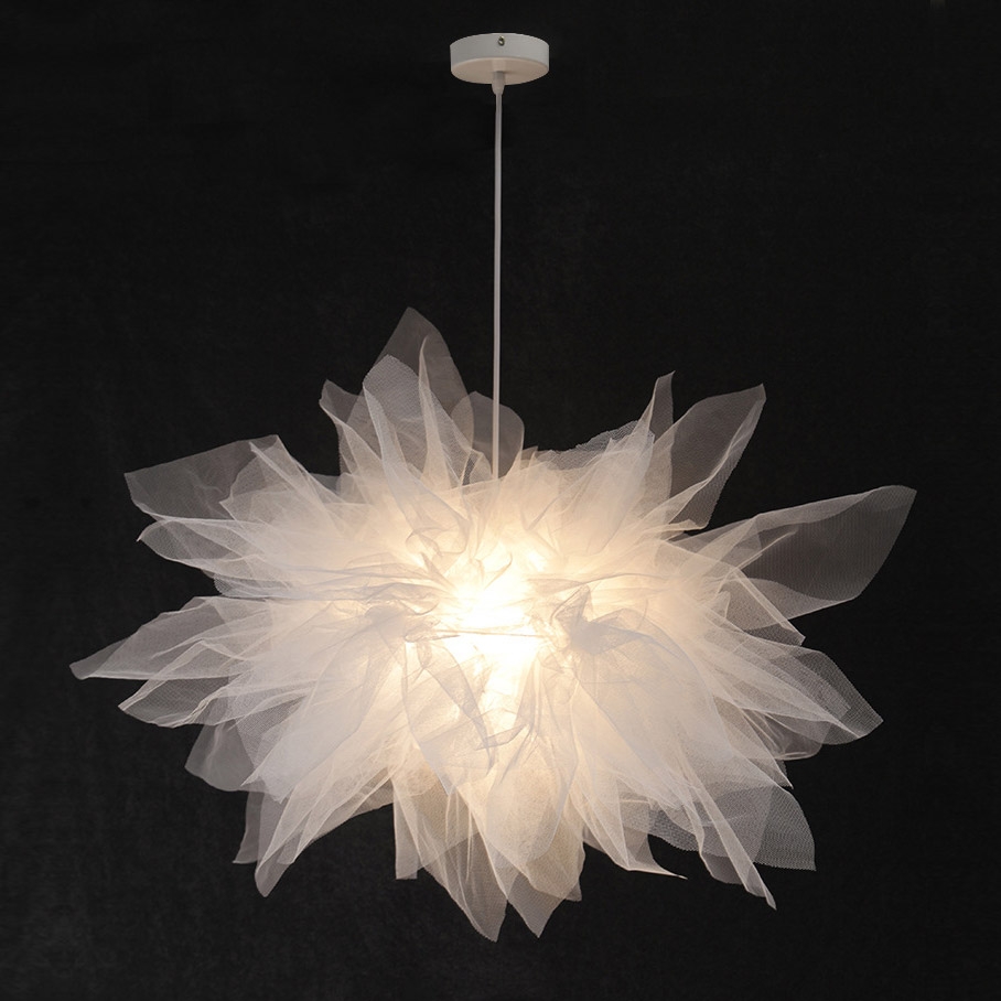 Modern Creative Flower Pendant Light Fabric Gauze Ceiling Light in White window image