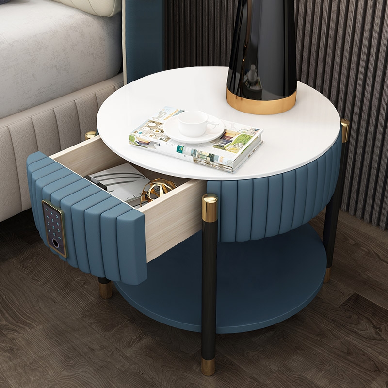 Table de chevet rembourrée bleue Tables de nuit à 1 tiroir avec serrure électronique image de fenêtre