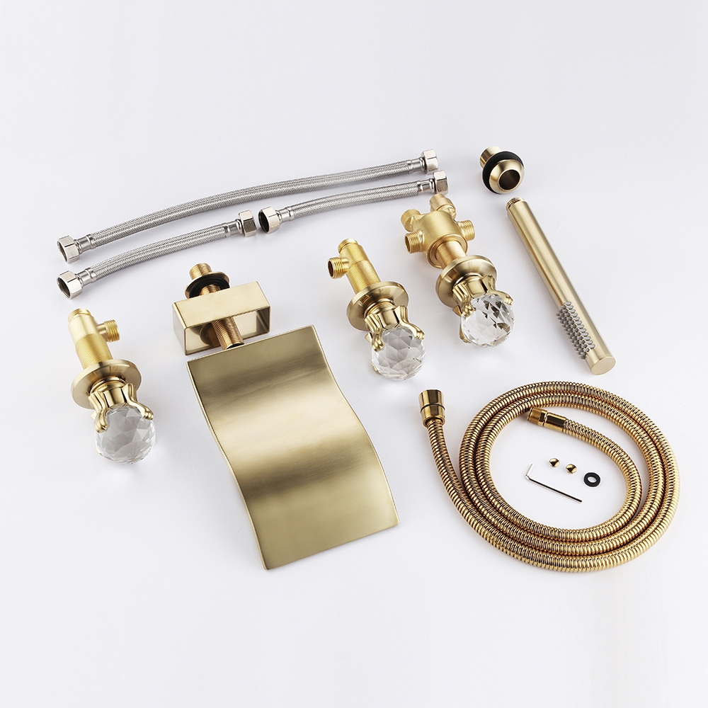 Deck Mounted Waterfall 5 Hole Filler Mixer Tap with Hand Shower Triple Crystal Handle window image