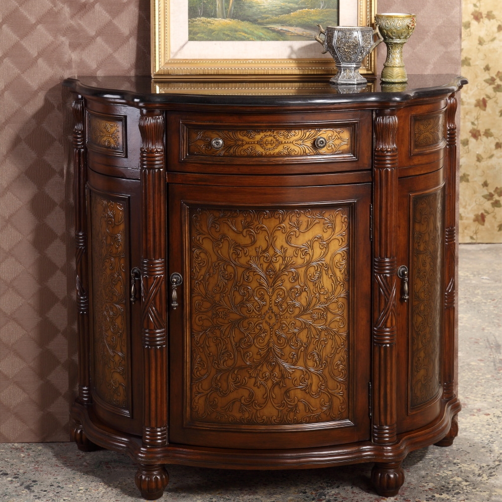 1067mm Walnut Entryway Cabinet Marble Top Side Cabinet with Doors & Shelves & Drawer window image