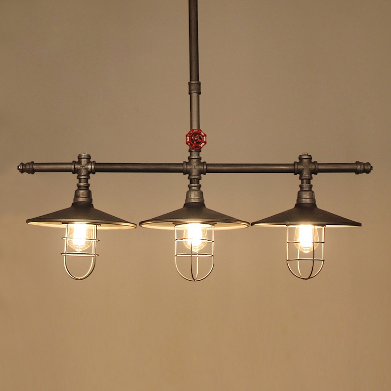 Enoch Industrial Loft Metal Water Pipe Cone Shade 3-Light Linear Island Pedant Light with Wire Cage in Gray window image